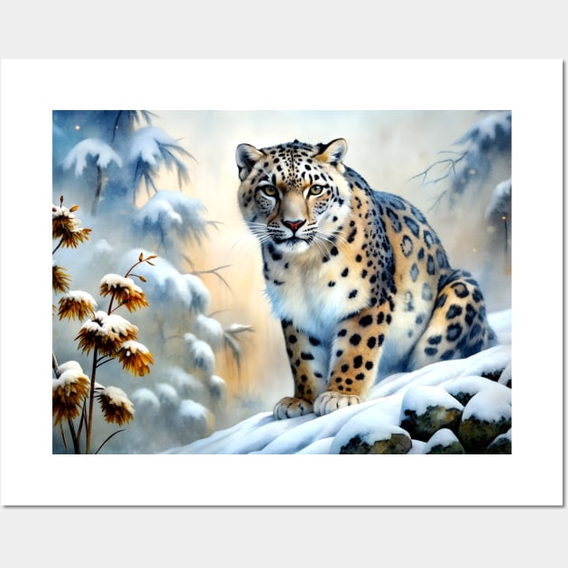 A Proud Snow Leopard Went Hunting, in the Snowy forest, Hight Mountains, Snow Falling, Winter Landscape, Wildlife White Pantera, Watercolor Realistic Illustration, Art, Portrait, Poster, Shirt, Christmas Wall Art by sofiartmedia